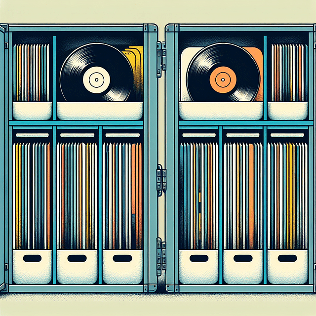 vinyl records stored vertically in sleeves